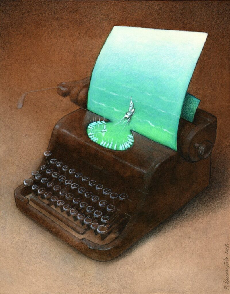 Paweł Kuczyński, "Typewriter": the sheet of paper from a typewriter becomes the sea, and a small sailboat sets out across it.